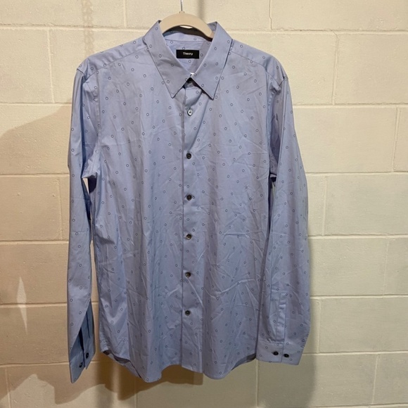 Theory Mens Irving LS Dress‎ Shirt Large Blue Circle Pattern Career Wedding NWT - Picture 1 of 7